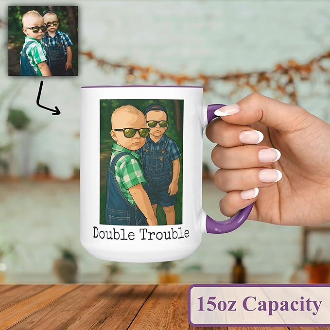 Personalized Coffee Mug, Custom Drawing Portrait Gift, Funny Customized Coffee Gift for Men & Women, Custom Mugs with Pictures, Purple 15oz Customized Ceramic Tea Cup