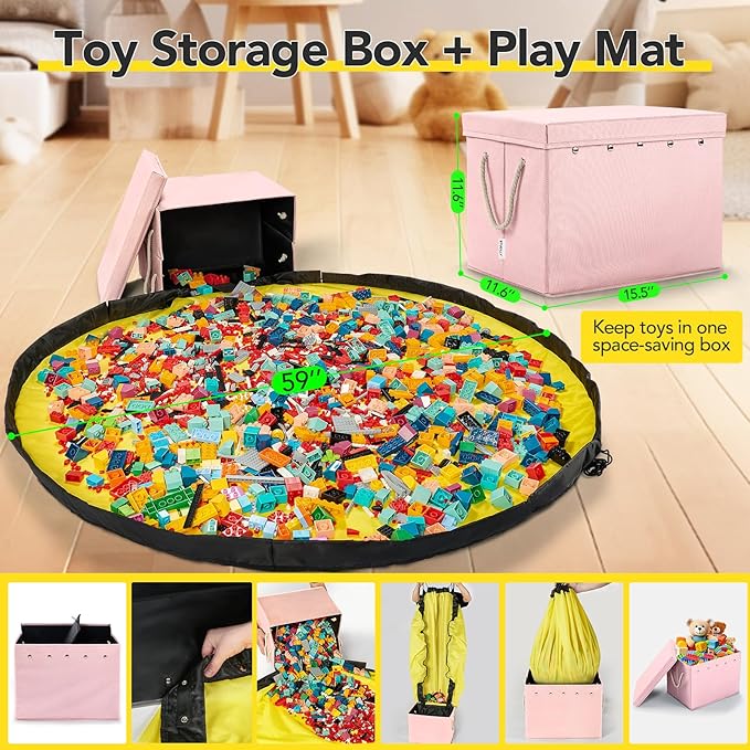 Kids Toy Box Chest Storage with Lid and Big Play Mat for Boys and Girls,Collapsible Fabric Toy Building Bricks Storage Container Organizer Bin with Rug for Playroom and Nursery Organization
