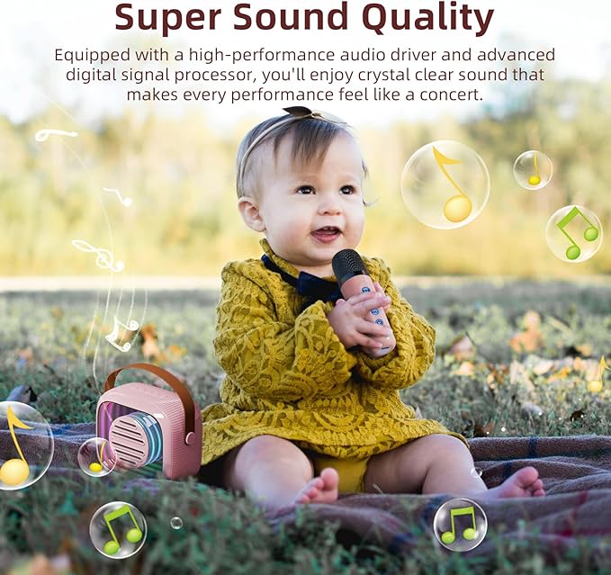 YF93 Mini Karaoke Machine for Kids with Bluetooth Speaker, 7 Voice-Changing Modes, Dual Microphones, Colorful LED Lights, TF Card Support, Portable Singing Gift for Children and Parties(Black)