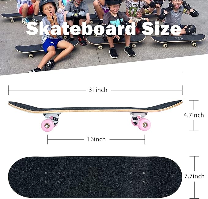 Skateboard,31 x 8 Inch Complete Skateboard, 8-Layer Maple Wood Deck Double Kick Standard Skateboards for Kids, Teens, Adult, Beginner