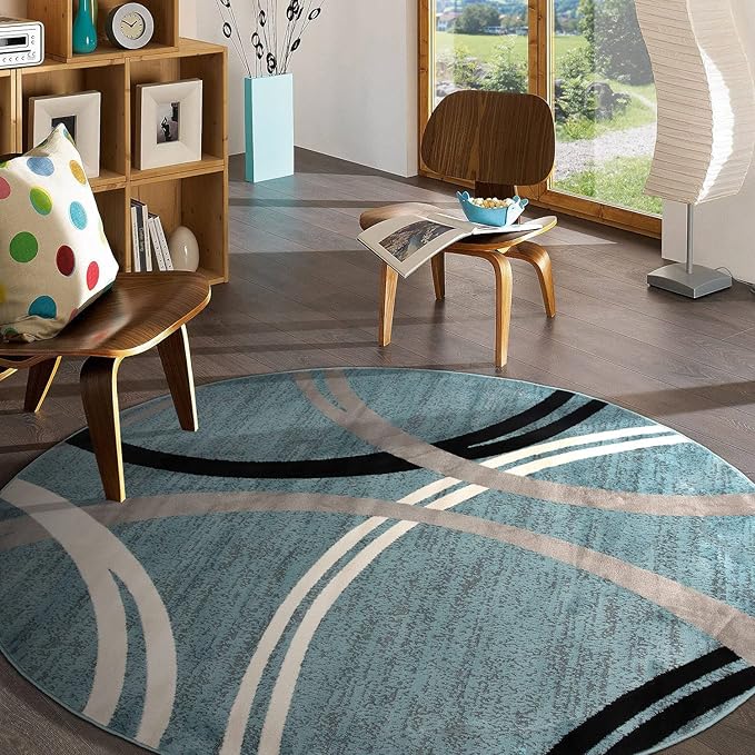 Rugshop Modern Wavy Circles Design Round Area Rug 8' Blue