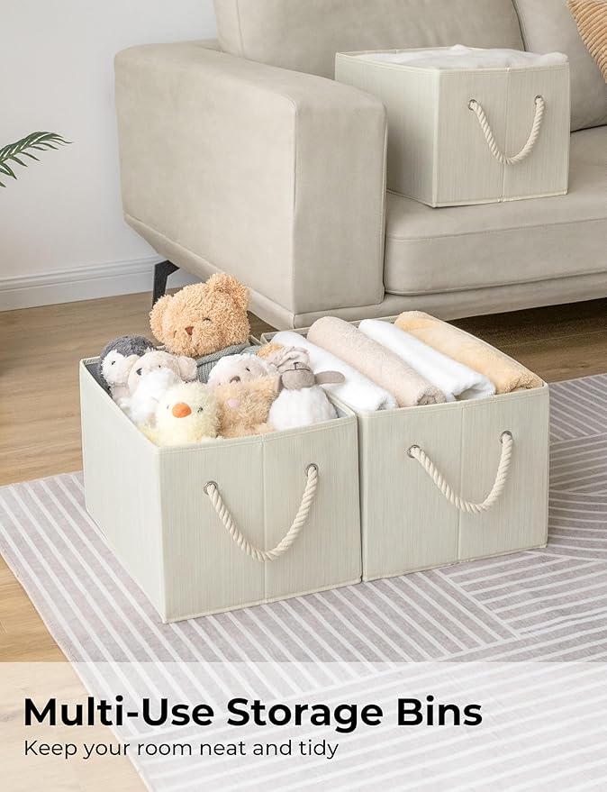 StorageWorks Storage Baskets for Shelves, Foldable Fabric Closet Storage Bins with Handles, Fabric Storage Bins Clothes Organizer, Beige, White & Ivory, 3-Pack, Extra Large