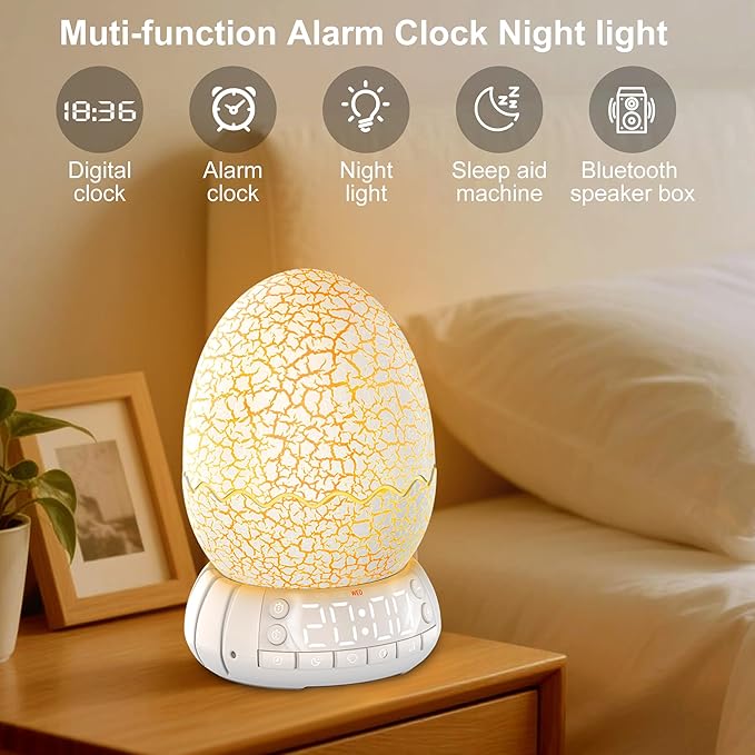 Upgraded Dinosaur Egg Alarm Clock/Digital Clock/Night Light/Music & White Noise Aid Sleep Machine/Bluetooth Speaker, Decor Ideal & Unique Lamp for Bedroom/Living Room, Gifts for Kids