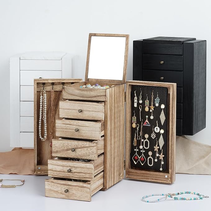 Meangood Jewelry Box Wood for Women, 6-Layer Large Organizer Box with Mirror & 5 Drawers for Rings, Earrings, Necklaces, Vintage Style, Carbonized Black