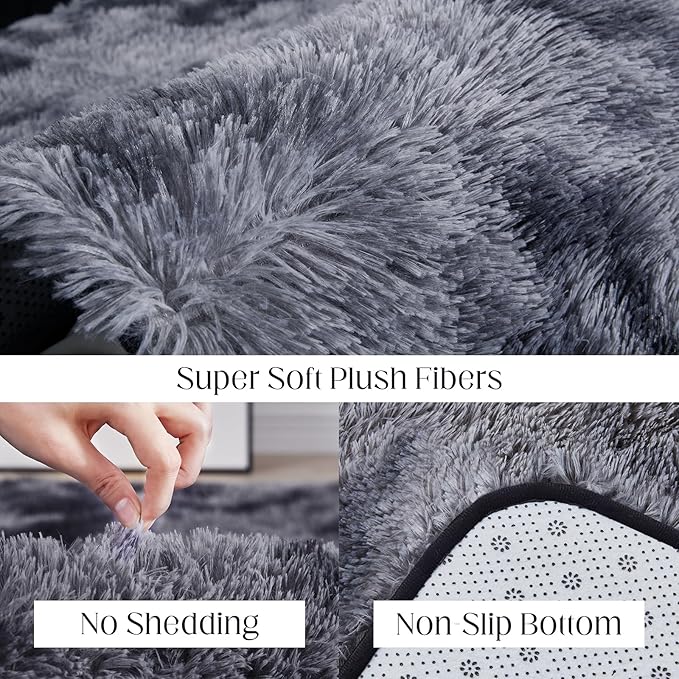 Fluffy Shag Area Rug, 4x6 Tie-Dyed Dark Grey Rugs for Bedroom, Soft Plush Area Rugs for Living Room, Non-Slip Indoor Carpet for Nursery, Study Room, Dressing Room, Home Decor