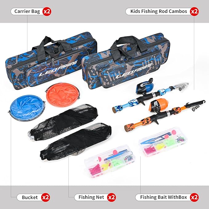 LEOFISHING 2 Set Kids Fishing Pole Set with Full Starter Kits Portable Telescopic Fishing Rod and Reel Cambos with All The Necessary Fishing Kits for Boys Girls and Youth