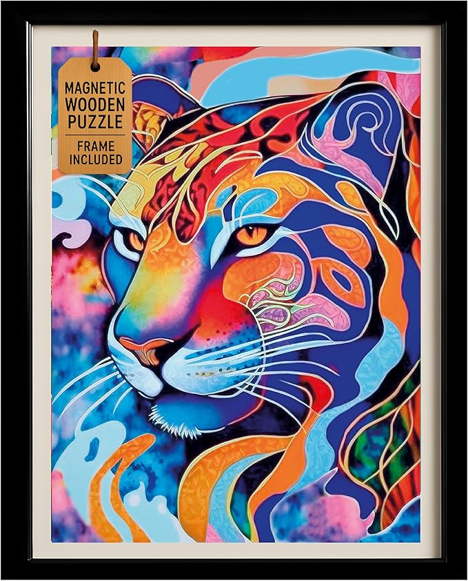 Magnetic Wooden Jigsaw Puzzles with Frame for Adults - Wooden Puzzle Wall Art - Landscape Lazer Wood Cut Puzzles - Rompecabezas para Adultos - Christmas & Birthday Gift (Colorful Tiger)