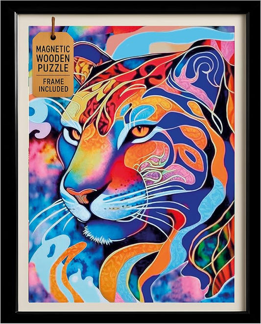 Magnetic Wooden Jigsaw Puzzles with Frame for Adults - Wooden Puzzle Wall Art - Landscape Lazer Wood Cut Puzzles - Rompecabezas para Adultos - Christmas & Birthday Gift (Colorful Tiger)