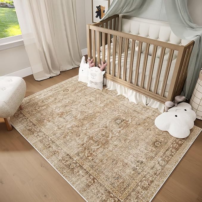 Washable 3x5 Entryway Rug Indoor, Boho Non-Slip Silicone Backing Small Rugs for Kitchen Nursery Office Bedroom, 0.3" Neutral Oriental Throw Carpet with 0.16" Cushioning Pad, Brown/Multi