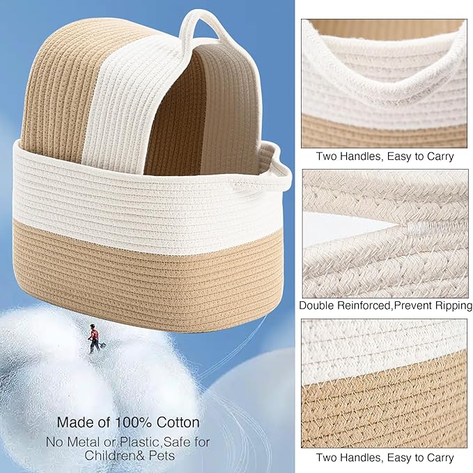 Cotton Rope Woven Storage Basket, Used for Baby Hamper Toy Organizer, Gift Baskets Empty,Kids Laundry Basket,Baby Blanket Storage. Size 15x10x8.7 Inches. (White&Khaki-3PCS)
