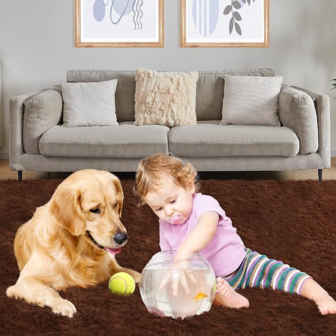 Area Rug 4x5.8, Soft Rugs for Living Room, Plush Fluffy Rugs for Bedroom, Non-Slip Indoor Carpet for Nursery, Study Room, Playroom, Home Decor, Brown