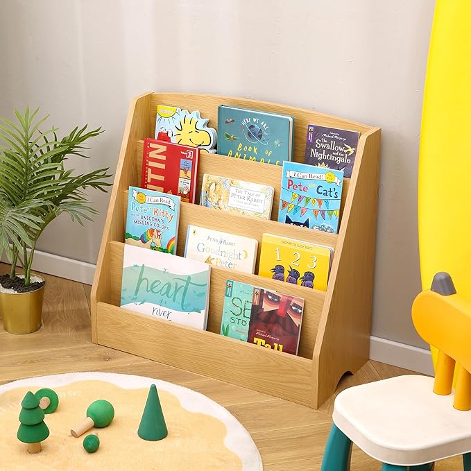 TOETOL 4-Tier Kids Bookshelf - Toddler Book Display Shelves for Classrooms, Playrooms, and Nursery - Wooden Children Book Rack (Natural)