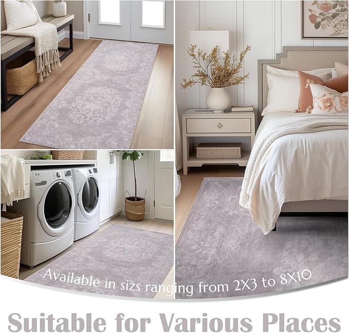 jinchan Vintage Floral 4x6 Area Rugs - Machine Washable Distressed Design Soft Ultra-Thin Low-Pile Non-Slip Carpet for Entryway Kitchen Bedroom Nursery Living Room Dining Room (4x6ft,Orchid)