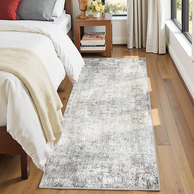 Washable Area Rugs 2'x8' Non-Slip Modern Abstract Soft for Living Room Entryway Bedroom Nursery, Print Pattern, Gray White Grey