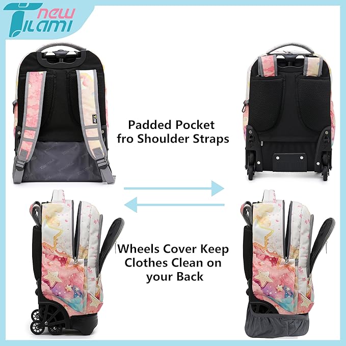 NEW TILAMI Girls 18 inch Rolling Backpack - Large Capacity, Waterproof, Adjustable Handle, Stylish Design, Ideal for School & Travel, Starshine