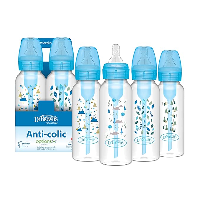 Dr. Brown's Natural Flow Anti-Colic Options+ Narrow Baby Bottle, Blue Nature, 8 oz/250 mL, with Level 1 Slow Flow Nipples, 0m+, 4 Pack