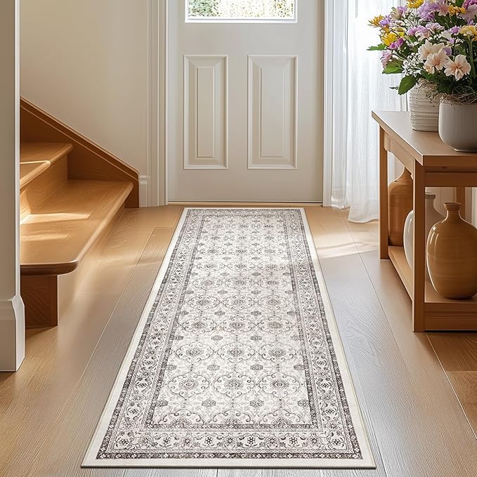 jinchan Runner Rug 2x6 - Machine Washable Beige Vintage Floral Distressed Design Soft Non-Slip Low-Pile Ultra-Thin Runner Rug for Kitchen Hallway Laundry Room Entryway Farmhouse (2‘x6',Beige)