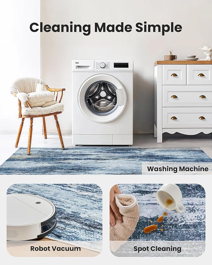 Amada 9x12 Large Area Rug, Modern Abstract Living Room Rug with Non-Slip Backing & Short Pile, Washable Rug with Abstract Pattern for Living Room, Bedroom and Dinning Room, Blue