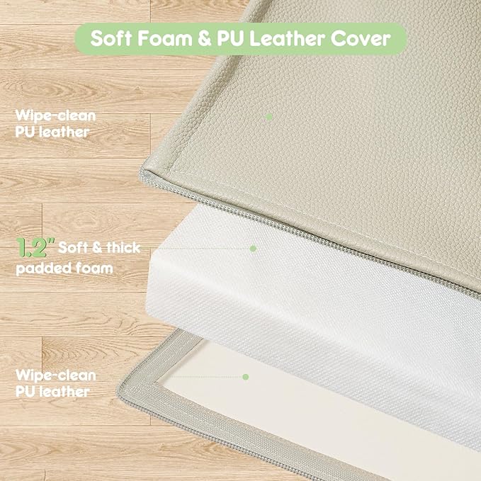 Padded Baby Play Mat, Super Soft Vegan Leather Baby Mat for Floor, 48x48 Thick Foam Cushioned Play Mat for Babies 6-12 Months, Fits Nicely Into 50x50 Playpen Mat, Grayish Green