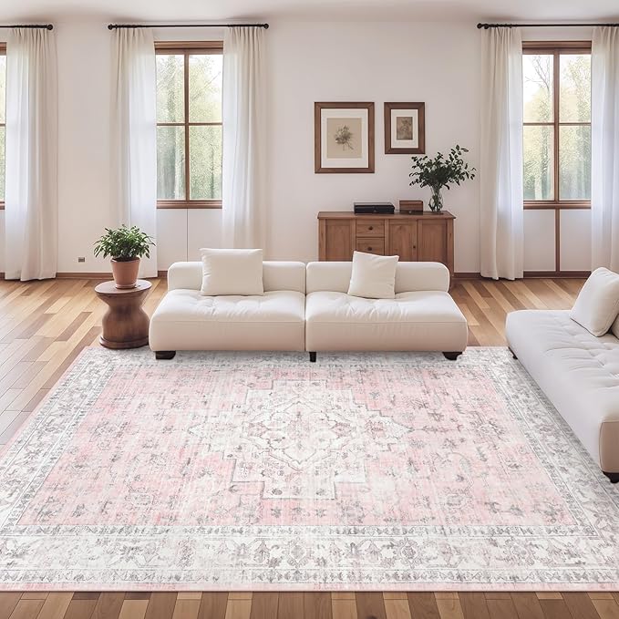 LIVEBOX Pink 9x12 Area Rug for Bedroom Girls, Boho Washable Rugs for Living Room Nursery, Non-Slip Indoor Soft Carpet Low-Pile Farmhouse Carpets for Dining Room Kids Playroom, Pink