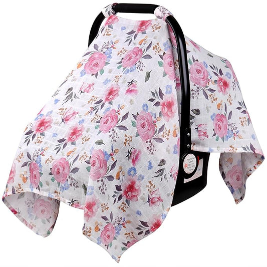 Rquite Muslin Car Seat Cover Baby, Carseat Covers Baby Girl Boy, Breathable Lightweight Infant Car Seat Cover, Baby Carrier Cover Car Seat Canopy Stroller Sun Shade for Summer & Hot Day, Universal Fit