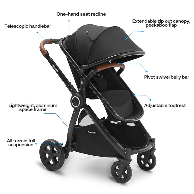 Mompush Ultimate 2 Baby Stroller for Infant and Toddler with Newborn Mode and Reversible Seat, All-Terrain Stroller with All-Wheel Suspension, Includes Car Seat Adapter and Large Storage Basket