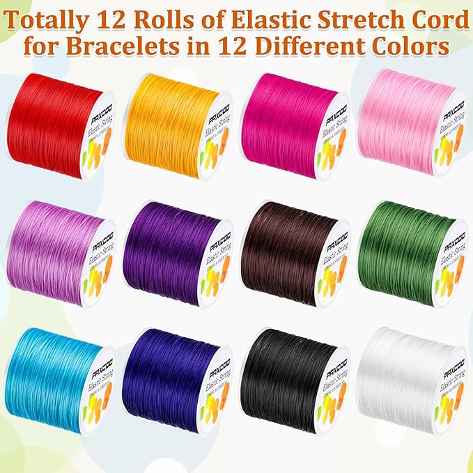 PAXCOO 12 Rolls Elastic String for Bracelets, Stretch Magic Elastic String Bead Cord Jewelry Thread for Bracelet, Necklaces, Clay Beads, Pony Beads (Assorted Colors)