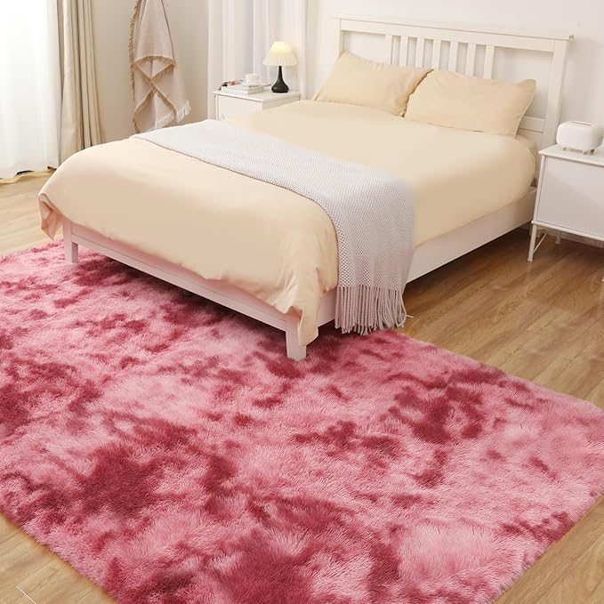 Luxury 3x5 Area Rug, Ultra Soft Rugs for Living Room, Plush Carpet Rugs for Bedroom, Non-Slip Indoor Rug for Nursery, Study Room, Playroom, Home Decor, Tie-Dyed Dark Pink