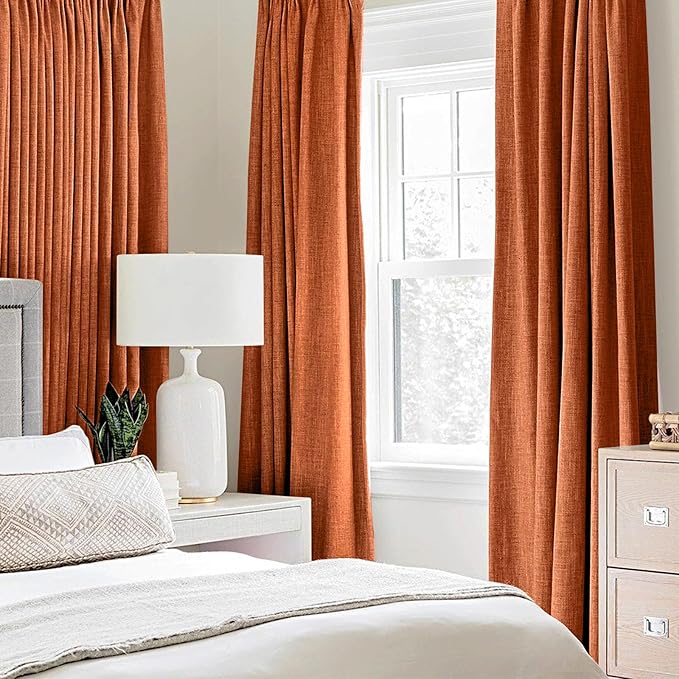 MIULEE Linen Curtains for Bedroom 100% Blackout Thermal Insulated Orange Grommet Room Darkening Curtains & Drapes Fall Decor for Living Room Nursery 52 x 90 Inch (2 Panels)
