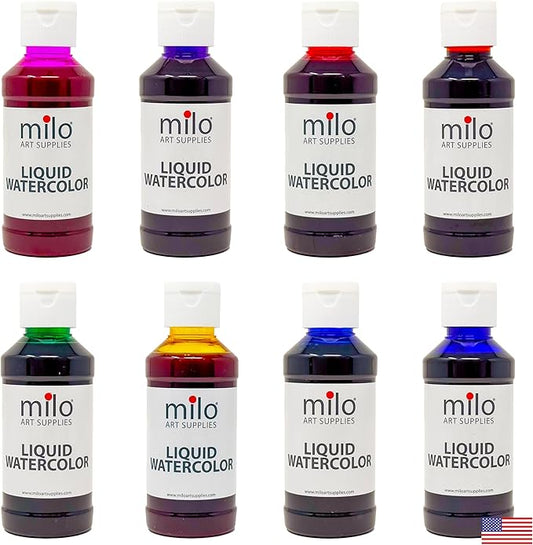 milo Liquid Watercolor Paint Set of 8 Colors | 4 oz Bottles | Washable, Safe and Non-Toxic | Made in USA | Art & Craft Paints for Kids, School Supplies Painting Set for Children | Easy to Pour Fluid Bottles