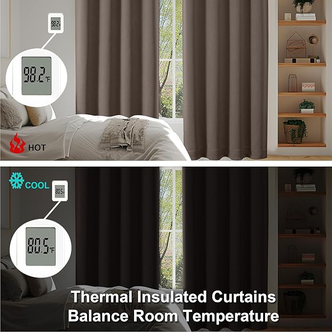 Simplebrand Ava Brown Blackout Curtains for Bedroom 72 Inch Length 2 Panels Set, Privacy Thermal Insulated Rod Pocket Door Window Curtains for Patio French Door Front Door, W40 x L72 Inch, Brown