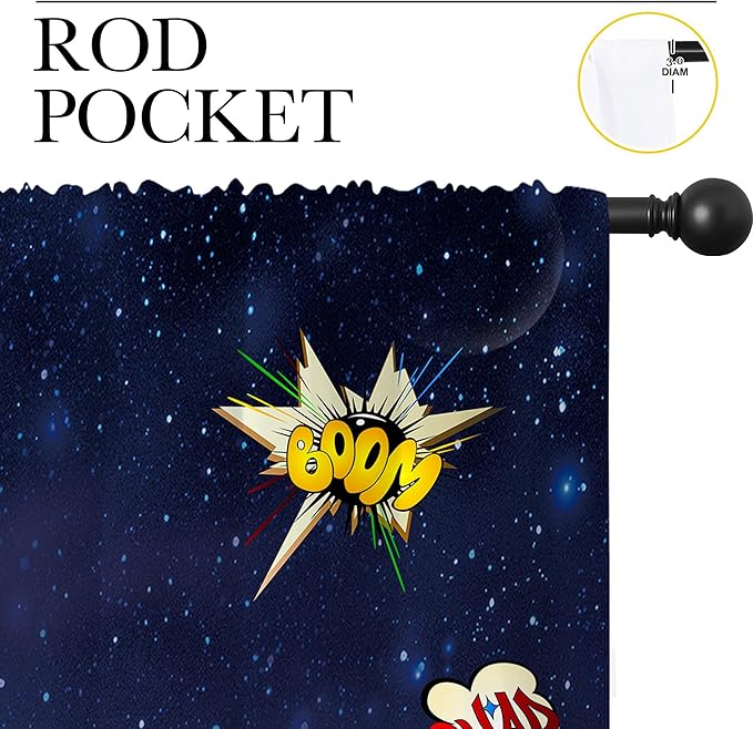 Super Hero Rod Pocket Blackout Curtains for Boy Girl Bedroom, Exploding City Starry Cartoon Skyline Home Energy Efficient Light Filtering Window Curtain for Living Room, 63x63 inch