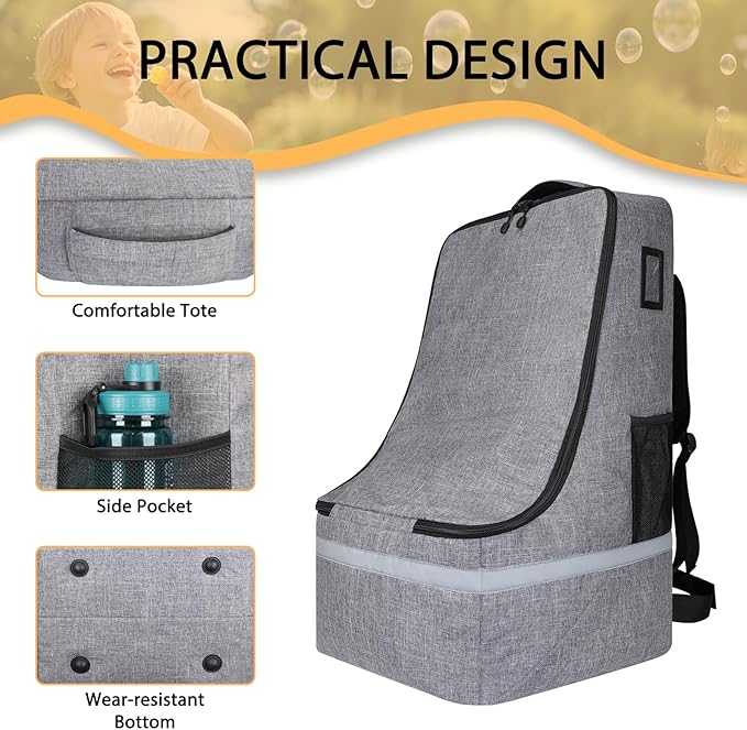 Car Seat Travel Bag for Airplane,Infant Seat Travel Bag with Shoulder Strap,Padded Car Seats Backpack with Reflective Stripes,Large Carseat Carrier Bag Travel Car Seat Cover,Grey
