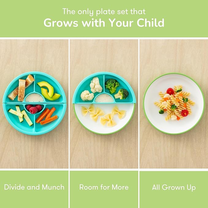 Omie® Easy Scoop Plates for Kids | Unique Design Helps Food Fall into the Spoon, Not on the Table | Made from Plants | 3 Plates + 2 Silicone Dividers | Green
