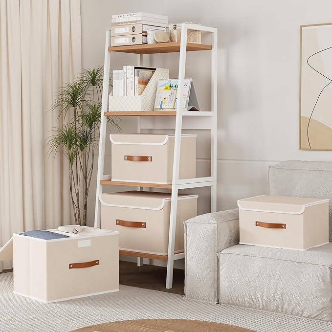 Yawinhe Collapsible Storage Boxes, Linen Fabric Baskets, Bin with lid and Leather Handle, Washable, for Home, Closet, Beige, 15.0''Lx9.8''Wx9.8''H, 1-Pack, USNK024BEL-1