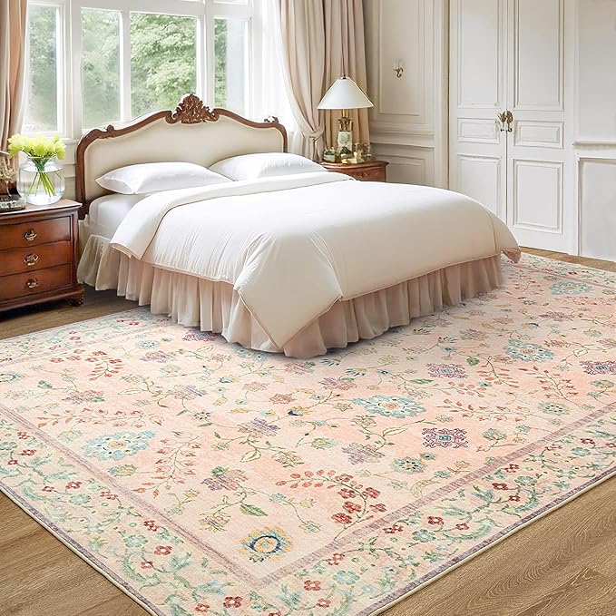 LOCHAS Washable Area Rugs 4x6, Pink Floral Rug for Living Room Bedroom Non Slip, Ultra Soft Vintage Indoor Carpet for Kids, Nursery, Dorm, Dining Room, Classroom, Boho Flower Home Decor, Low-Pile