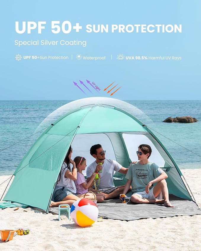 OutdoorMaster Beach Tent for 3/4 Person - Easy Setup Sun Shade Shelter, Portable Beach Shade Sun Canopy with UPF 50+ UV Protection, Removable Skylight Family Size