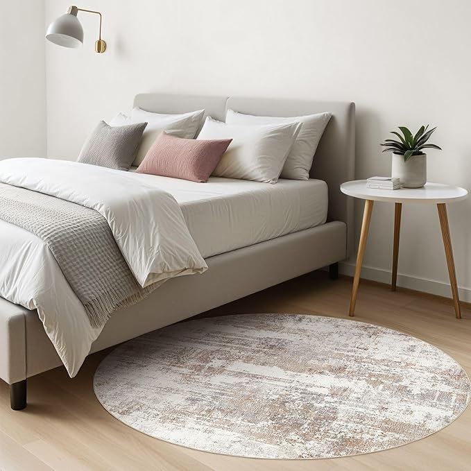 Round Rug Living Room Rugs: 10x10 Washable Circle Large Abstract Modern Soft Stain Resistant Non-Slip Indoor Floor Carpet for Bedroom Nursery Office Dining Room Playroom Home House Decor- Brown