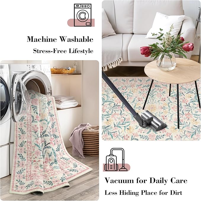 Wonnitar Machine Washable 10x14 Area Rugs, Large Living Room Rug Floral Pink and White Carpet, Boho Soft Ultra-Thin Foldable Carpets for Bedroom Dining Room Office