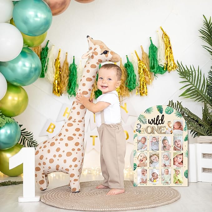 R HORSE My First Year Photo Frame Board, 3D Wild One Birthday Decoration, Jungle Themed Baby First Year Picture Frame 12 Months Milestone Display Wood Board Nursery Decor Gift for Boy Girl