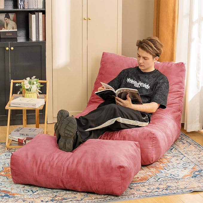 Bean Bag Chair with Ottoman, Comfy Bean Bag Sofa with Memory Foam, Lazy BeanBag Sofa with Footstool, Fireside Bean Bag Couch for Living Room, Bedroom, Apartment