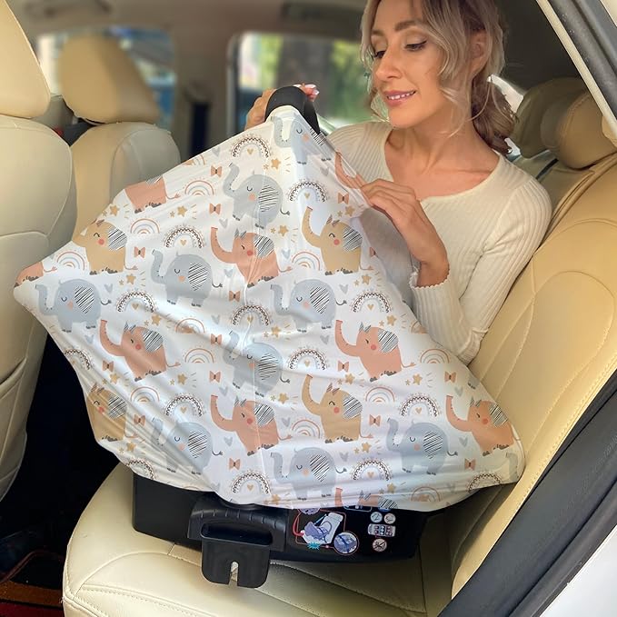 Breathable Car Seat Cover for Babies – Multi-Purpose Soft Rayon Nursing Cover for Breastfeeding, High Stretchy Infant Carseat Canopy, Stroller Cover (Smooth Rayon, Cute Elephant)
