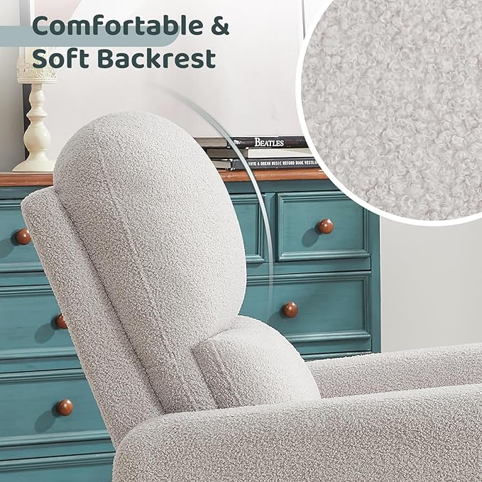 Swivel Rocker Recliner, Oversized Manual Nursery Glider Rocking Recliner with Removable Cushion, Upholstered Teddy Boucle Swivel Reclining Chair for Nursery Living Room Bedroom, Teddy Grey