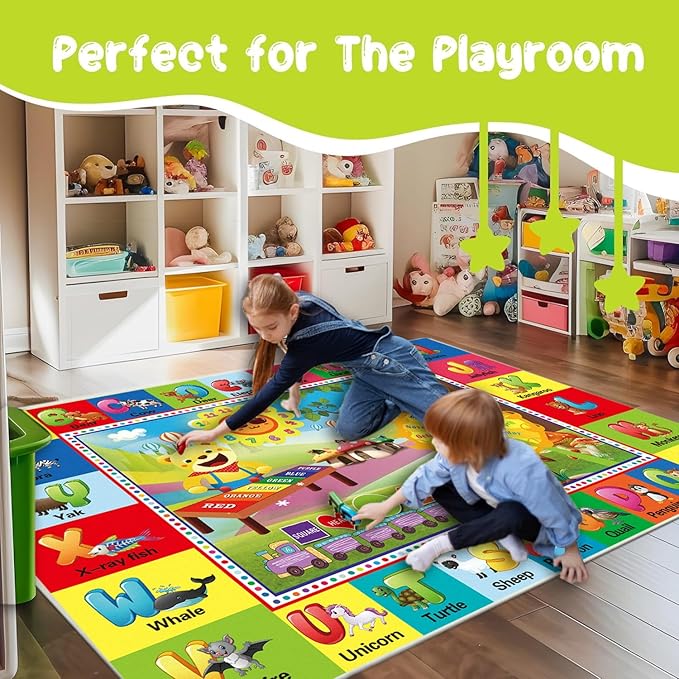 ABC Rug for Kids Room, ABC Mats for Floor Toddlers, Alphabet Play Mat Elementary Preschool Kid's Rugs wtih ABC, Numbers, Animals - (110X78.7 Inches)