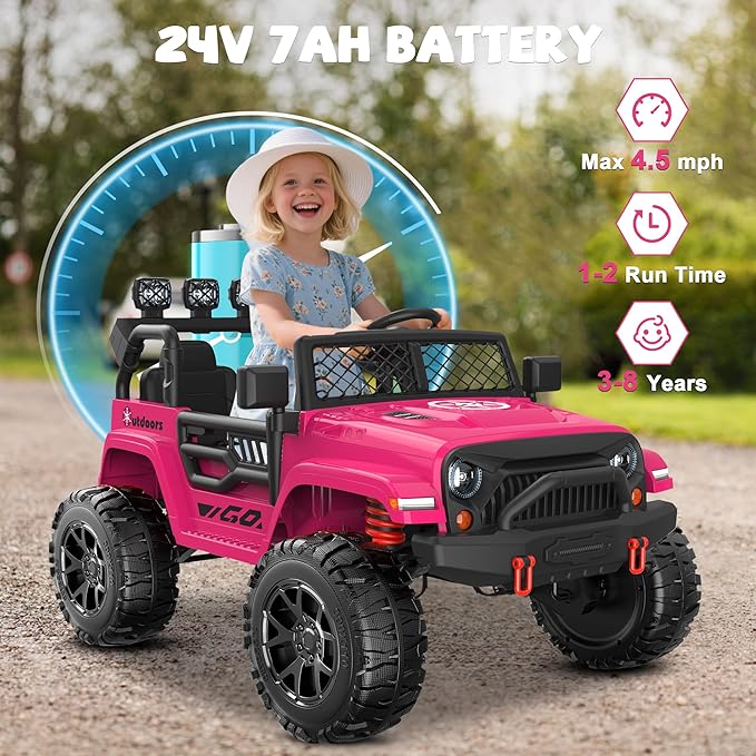 ANPABO 24V 2 Seater Ride On Car for Kids w/EVA Tires, 4X200W Motors, 4 Shock Absorbers, 2.4G Remote Control, Bluetooth Radio, LED Headlights & Searchlights, Electric Car for Kids Ages 3-8, Pink