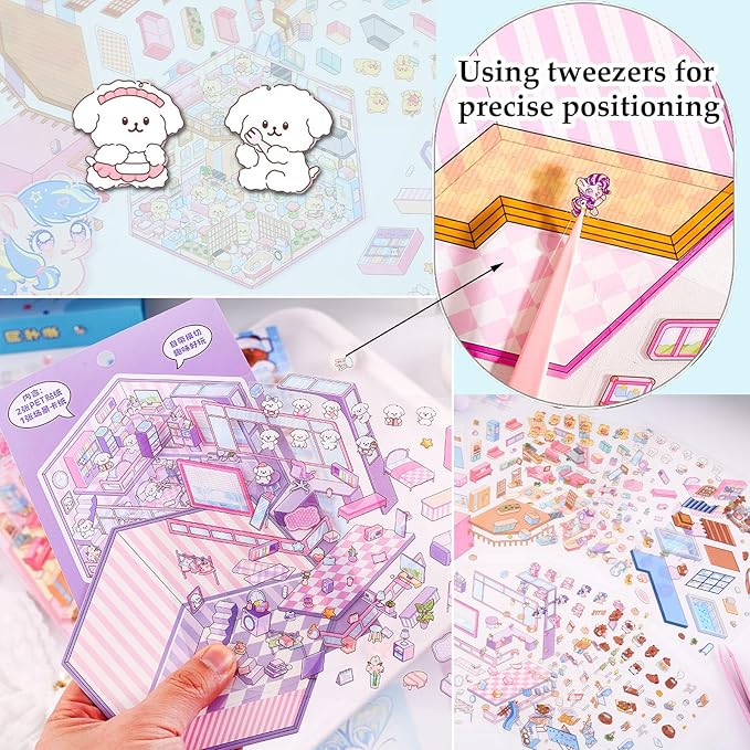 DIY 3D Sticker Scene, 6 Sets of Aesthetic Stickers for Girls Make Your Own Mini Shop Scenes Stickers for Kids Sticker Therapy for Adult Relief Stress Pass The Time