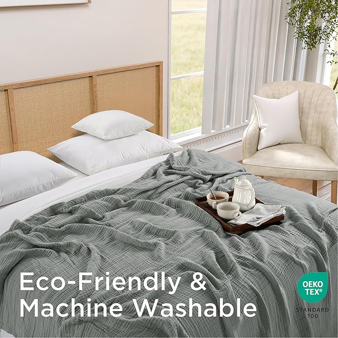 Threadmill Summer Muslin King Blanket | Lightweight Blanket for Bed or Couch | 4 Layer 100% Cotton Gauze | Soft, Breathable, and Cozy for All Seasons | Fits Cal King Size Bed | Scottish Grey