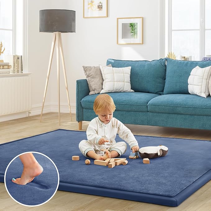 Baby Play Mat for Floor Tummy Time Mat Nursery Rug Muscle Mat Area Rug Playroom Rug Tatami Mat 6'7"x5'11" Memory Foam 1.3" Thick Crawling Mat for Babies,Toddlers, Infants, Kids,Floor Mat(Blue)