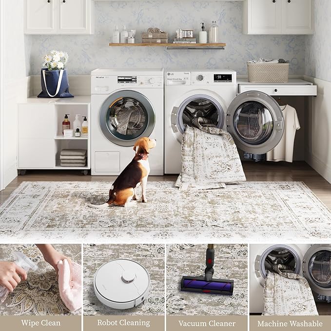 jinchan Round Rug 7ft Area Rugs - Vintage Floral Distressed Design Machine Washable Non-Slip Low-Pile Ultra-Thin Circle Rug for Living Room Dining Room Bedroom Home Office Farmhouse (7' Round,Taupe)