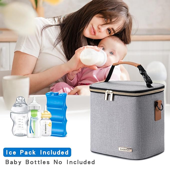 Breastmilk Cooler Bag with Ice Pack Fits 6 Baby Bottles Up to 9 Ounce, Baby Bottle Bag with Shoulder Strap for Nursing Mom Daycare, Grey